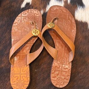 Tory Burch Tan Flip Flops with Gold Accents